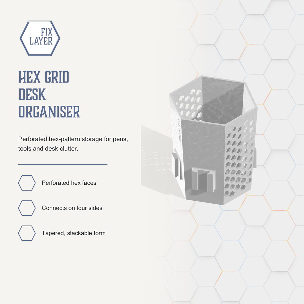 Hex Grid Desk Organiser by FIX LAYER. 3D printed and made to order in Cyprus. Product slide 1 of 4.
