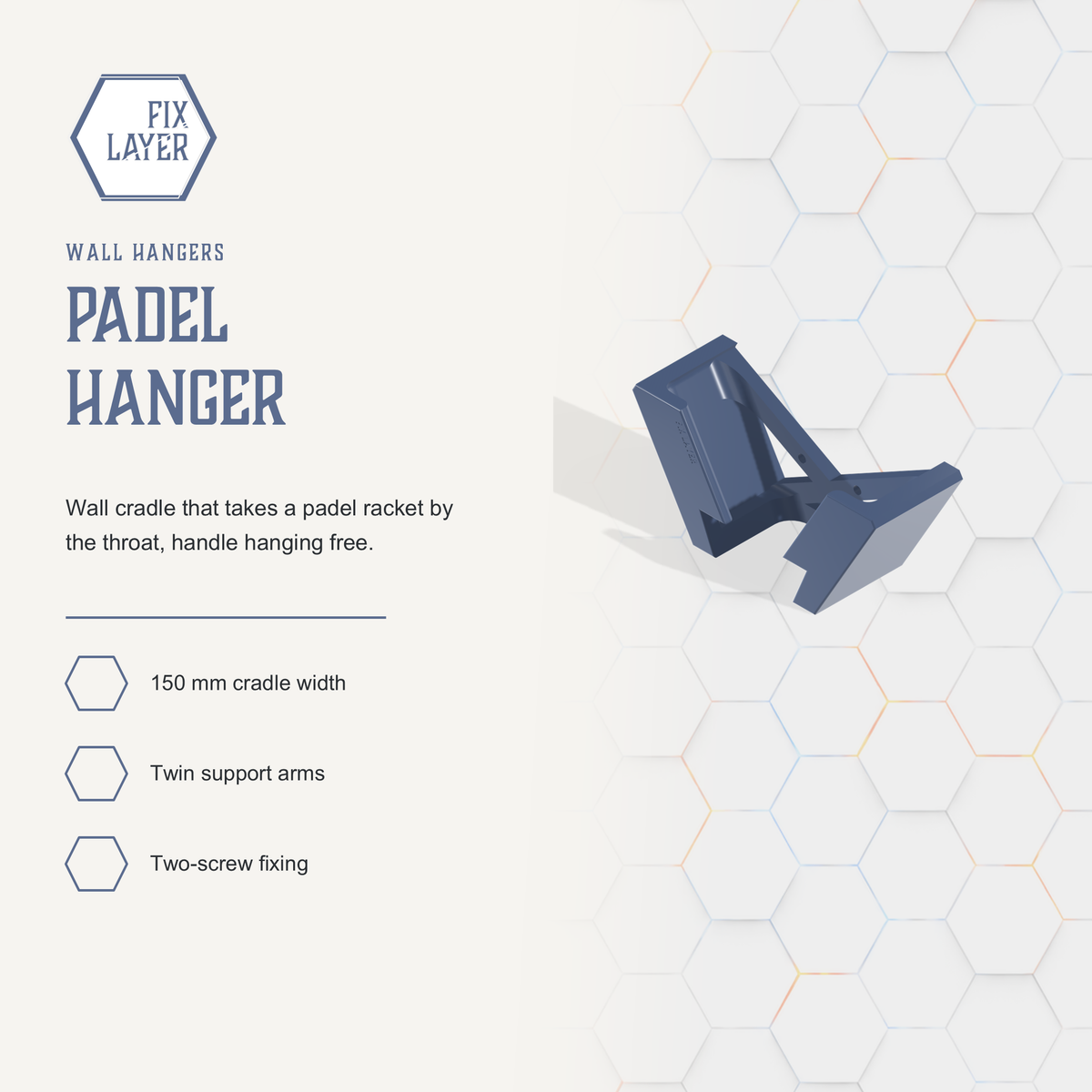 Wall Hanger for Padel Racket by FIX LAYER. 3D printed and made to order in Cyprus. Product slide 1 of 5.